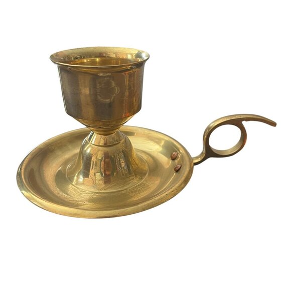 Vintage Solid Brass Chamber Candlestick Holder Tapers Finger Loop Made in India - Picture 3 of 9